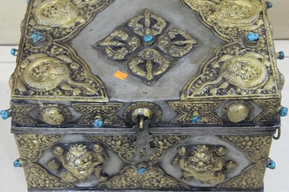  Tibet Bouddhisme Folk Bronze Cuivre Travail Manuel Foo Chien Lion Dragon Cas Boîte à Bijoux
