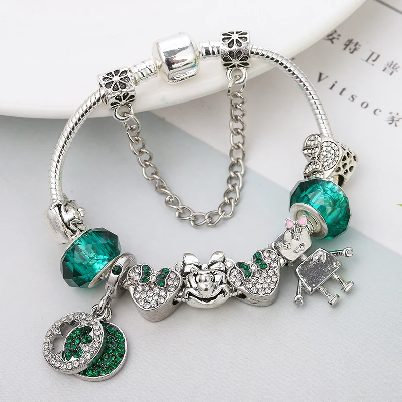 TOGORY винтажные серебряные ювелирные изделия, подвески-талисманы браслет и браслеты Зеленый Кристалл маленькая Белла Микки бусины тонкий браслет для женщин Подарки
