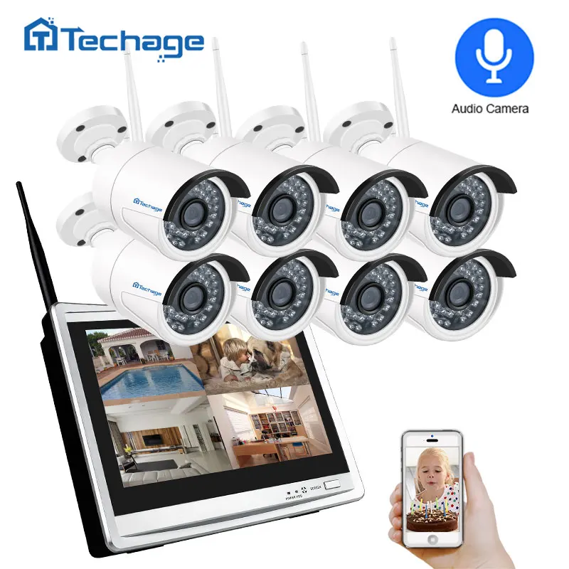 Techage 8CH 1080P беспроводная камера безопасности 1" ЖК-экран Wifi NVR 2MP наружная аудио камера система видеонаблюдения Комплект