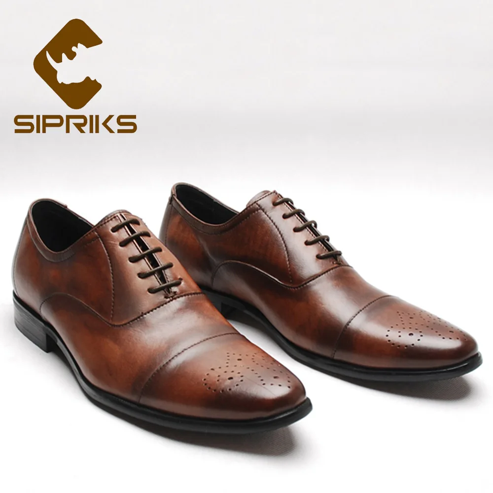 Sipriks Imported Italian Brown Cow Leather Brogue Shoes Retro Mens