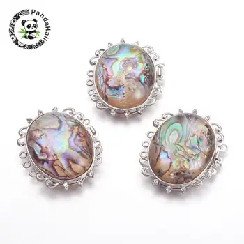 

abalone/paua shell box clasps, multi-strand clasps, with Metal tone brass findings and rhonestone, oval, 48x39.5x11~12mm, hole: