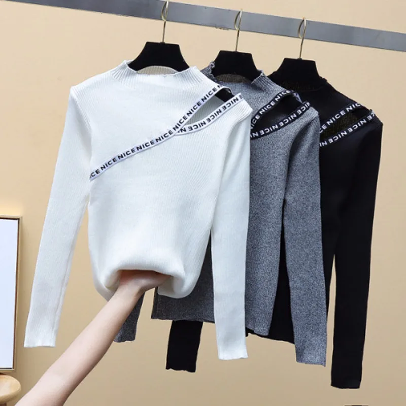 

Korean New Appliques Letter Hollow out Autumn Winter Knitted Pullover Sweaters Women Bottoming Fitted Pullovers