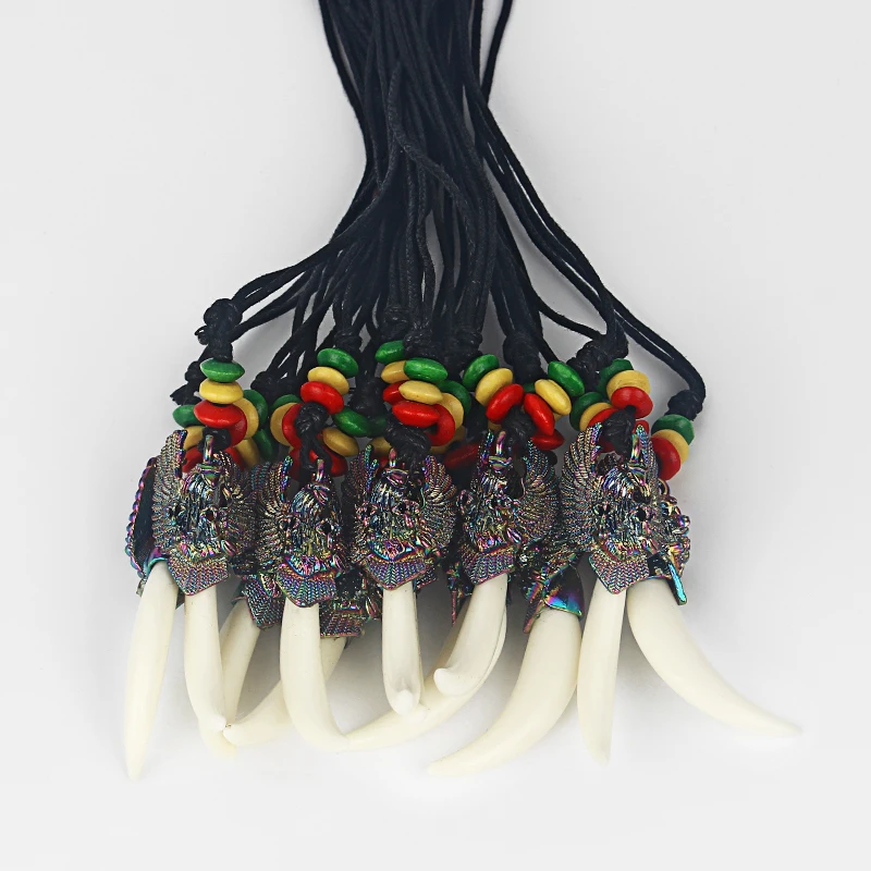 

10pcs Fashion Wax Cotton Cord White ResinTooth Teeth Pendant Necklace With Eagle and Rasta Wood Beads Necklace