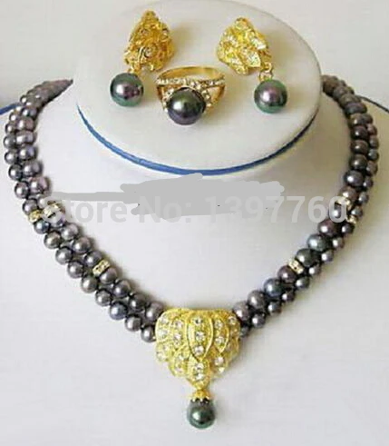 

Miss charm Jew.154 Genuine Black Pearl 18KGP Crystal Pendant Necklace Earring Ring Set new