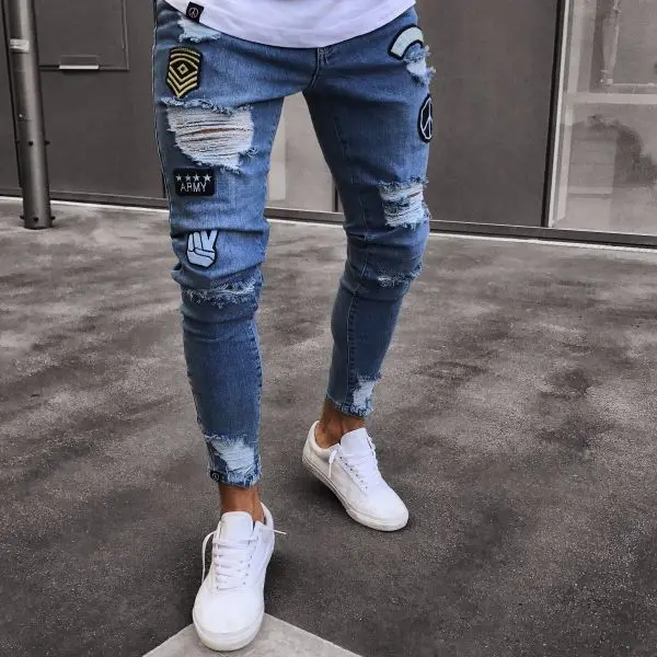 

NEW 2018 men's hole badge embroidered jeans hip hop skinny jeans men's pants