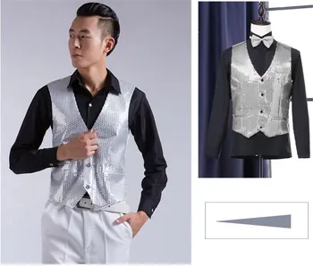 

Silver V Neck Sleeveless Sequined Men Vest Wedding Dress Waistcoat Elegant Men's Show Vest Solid Colored Slim Fit for a Costume
