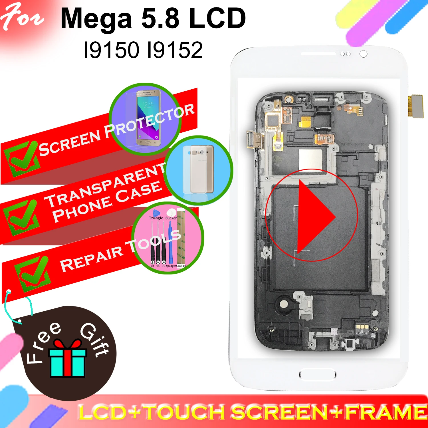 

For Samsung Mega 5.8 I9150 I9152 LCD Display Touch Screen Digitizer Assembly BEZEL Frame with Home Button
