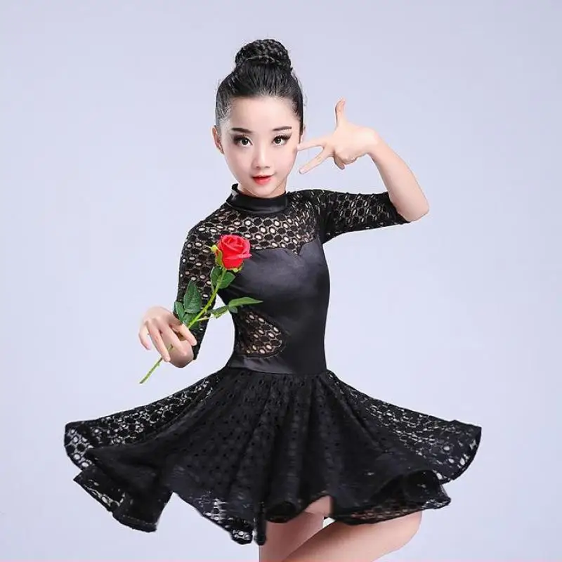 

New 2019 Girls Lace Standard Ballroom Latin Dance Dresses For Sale Cha Cha Rumba Samba Jive Middle Sleeves Children Latin Dress