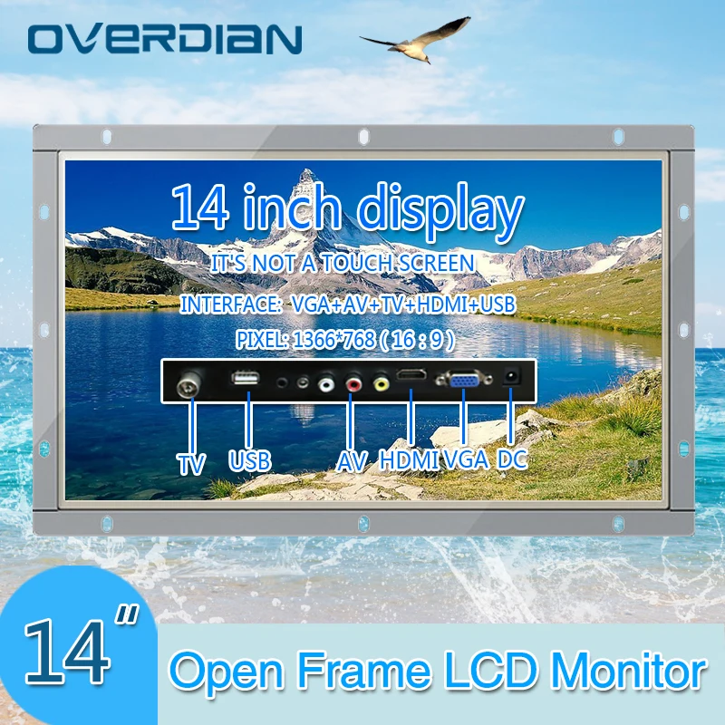 

14"Industrial Control Lcd Monitor VGA/HDMI/TV/AV/USB Interface White Open Frame Non-touch Screen Metal Shell 1366*768