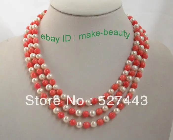 

Wholesale free shipping >>stunning 3rows white round freshwater pearls pink coral necklace