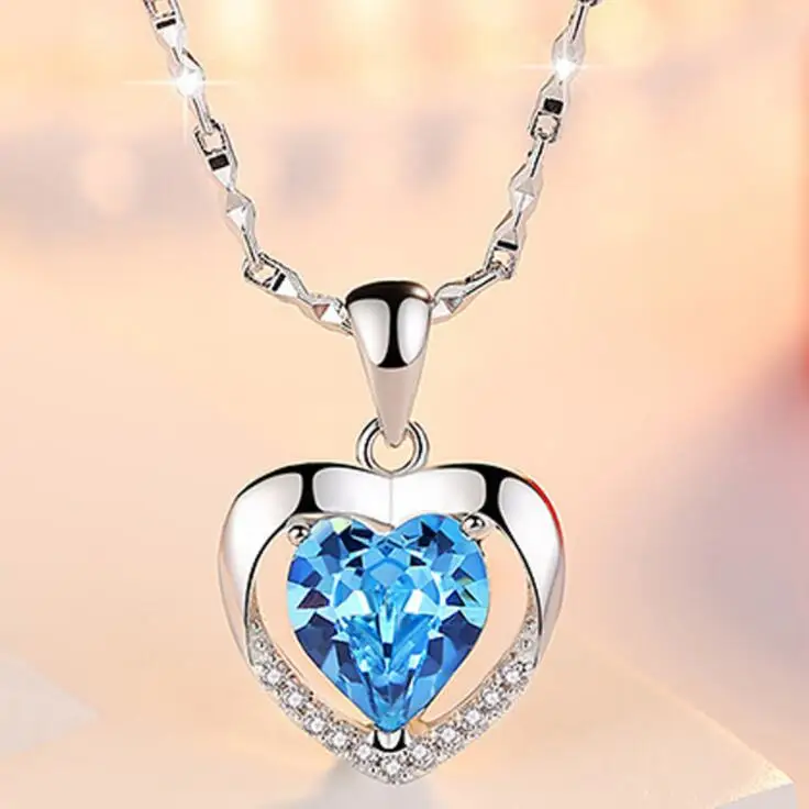KOFSAC, Новая мода 925, серебряное ожерелье для женщин, свадебное очарование, синий кристалл, любовь, сердце, подвеска, ожерелье для девушек, Помолвочное ювелирное изделие - Окраска металла: S Blue Crystal