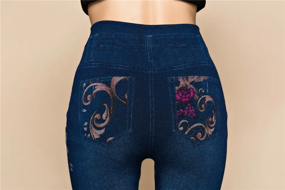 Weljuber для женщин леггинсы для осень джинсы Тонкий макет карман женщина леггинсы с принтом дамы джинсовые узкие брюки