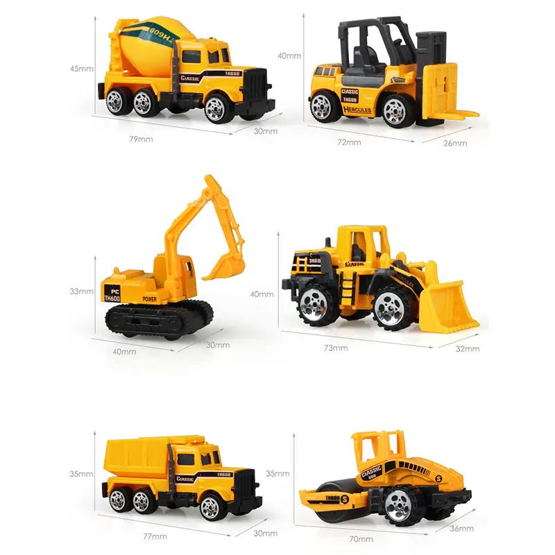 6 Types Mini Alloy Diecast Engineering Toy Car Vehicles Model Forklift Excavator Bulldozer Model Car Birthday Gift for Kids Boys