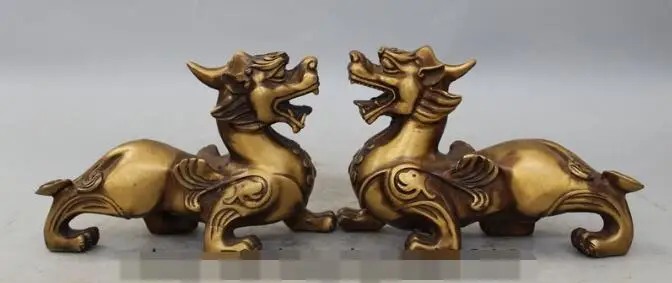 

S02263 6" Chinese Fengshui Folk Bronze Animal Kylin Beast Unicorn Pi Xiu Statue Pair B0403