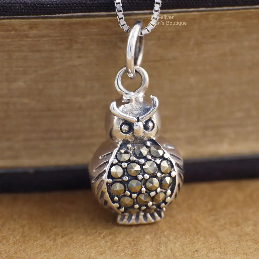 

925 Solid Sterling Silver Retro Marcasite Lovely Owl Bell Pendant Charm Necklace A2441