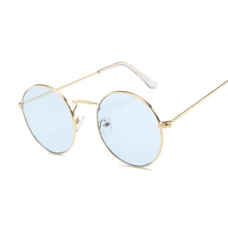 Винтажные Ретро женские солнцезащитные очки Круглые Овальные Солнцезащитные очки женские роскошные брендовые металлические круглые оправы черные маленькие размеры очки UV400 - Цвет линз: GoldBlue