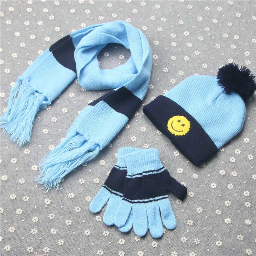 3 комплекта, зимние комплекты для мальчиков и девочек, шарф со смайликом, шапка и перчатки, зимние теплые полосатые вязаные Шарфы Шапки Наборы перчаток для малышей, детей#20
