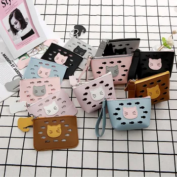 

Cute Cartoon Cat Coin Purses Hollow Out Women Small Bag Girls Coin Card Holder For Kids Purse Data Line Headset Mini Storage Bag