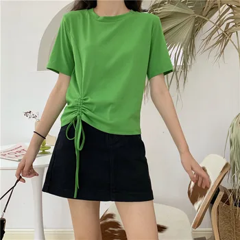 

New Women Casual Basic Tees Tops Korean Chic Lace-Up Short Sleeve Slim T Shirt Summer Small Fresh Woman Tshirts