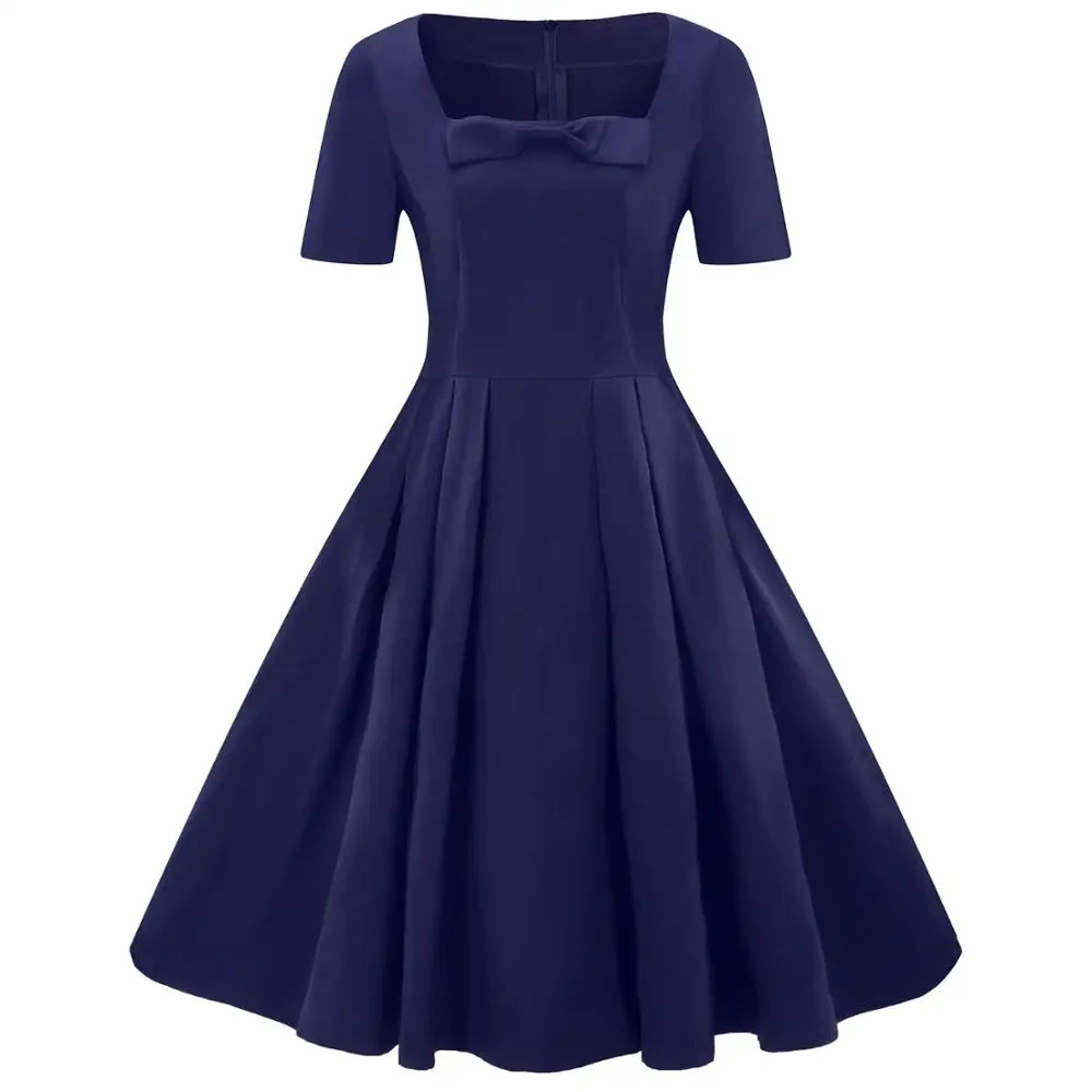 Женское Элегантное повседневное плиссированное платье с бантом 1950s 60s ретро винтажное платье бордовое вино черное зеленое темно-синее - Цвет: Тёмно-синий
