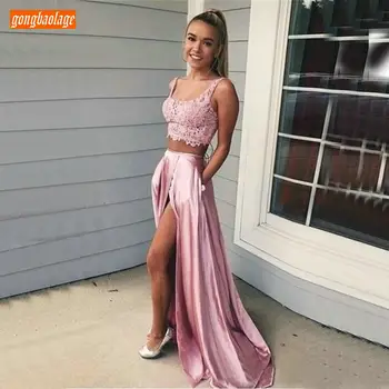 

Graceful Pink Two Pieces A-Line Prom Dresses Long Applique Lace up Side Slit Prom Gowns Customized Banquet Evening Formal Dress