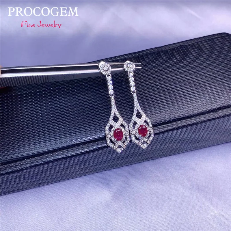 

Natural Ruby Drop Earrings dangle for Womens Party Gifts Genuine gemstone White Gold Fine jewelry 925 Sterling Silver #642