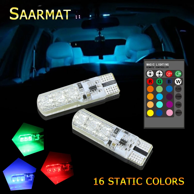 

2X T10 W5W RGB W/ 16 Static Colors w/ Remote Controller Decoration LED Bulbs For Interior Map Lights