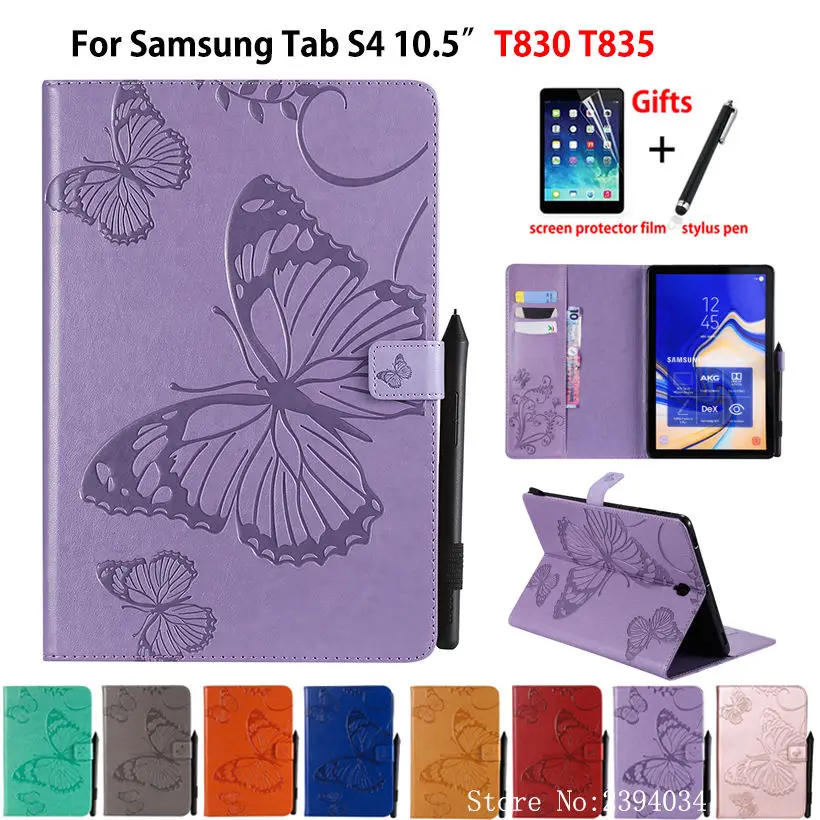 Чехол для Samsung Galaxy Tab S4 10,5 T830 T835 SM-T835 10,5 "чехол принципиально Tablet бабочка тиснением корпус с рисунком + пленка + стилус