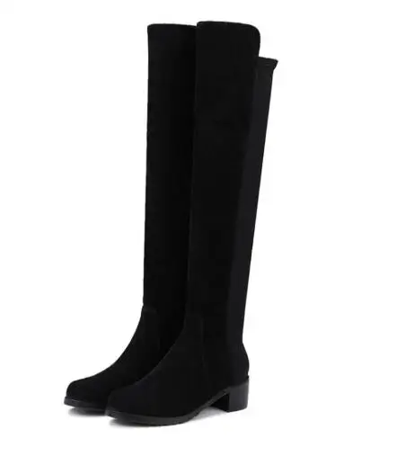 

Autumn and winter new black round toe chunky heel long boots for women Ladies splicing medium heel knee-high long boots