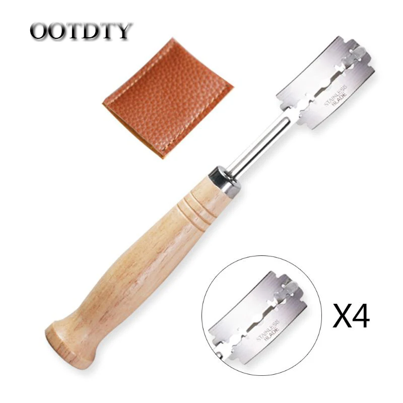 

OOTDTY Specialty Bread Arc Curved Knife Wood Handle 4Pcs Replacement Blades Western Baguette Cutting French Toast Bagel Cutter