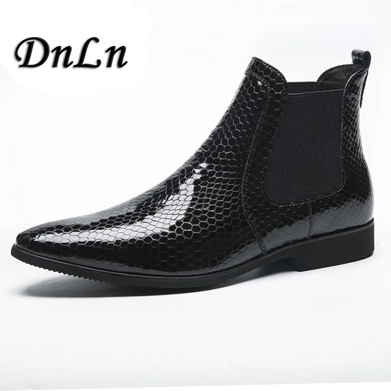 

Mens Patent Leather Boots Black Pointed Toe Rubber Sole British Style Business Short Ankle Boots Shoes Male 25D50