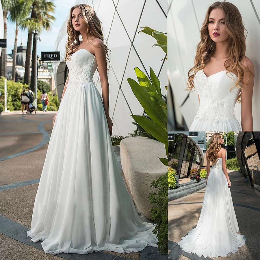 

Modest Chiffon Sweetheart Neckline A-line Wedding Dresses With Beaded Lace Appliques Bridal Dress robe soiree