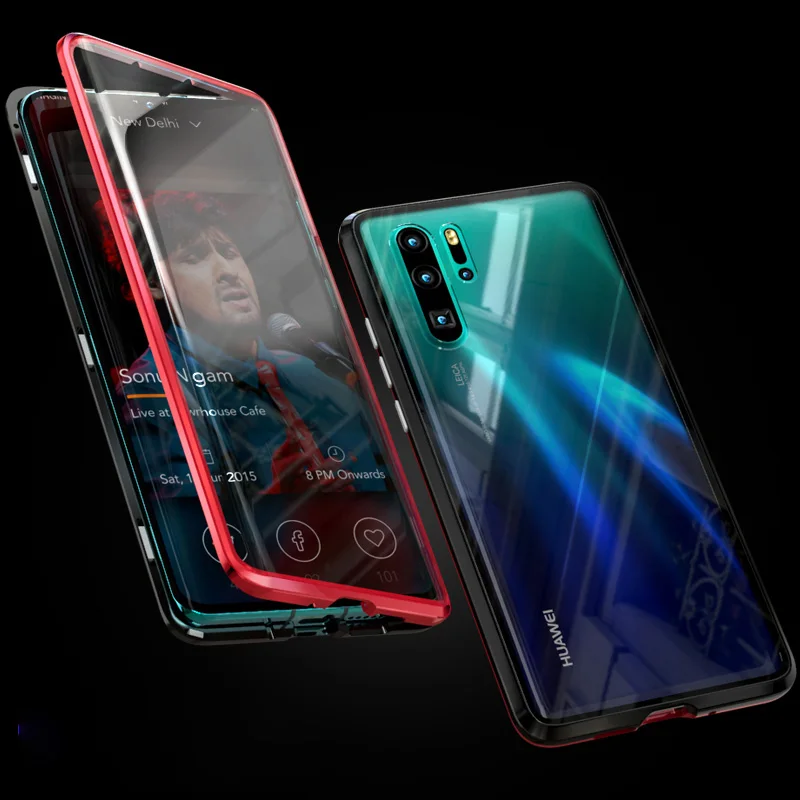 Гиперболоид, стеклянный чехол для huawei P30 Pro P20 mate, чехол, прозрачный, закаленное, полное тело, магнитный, алюминиевый, металлический чехол - Цвет: black red