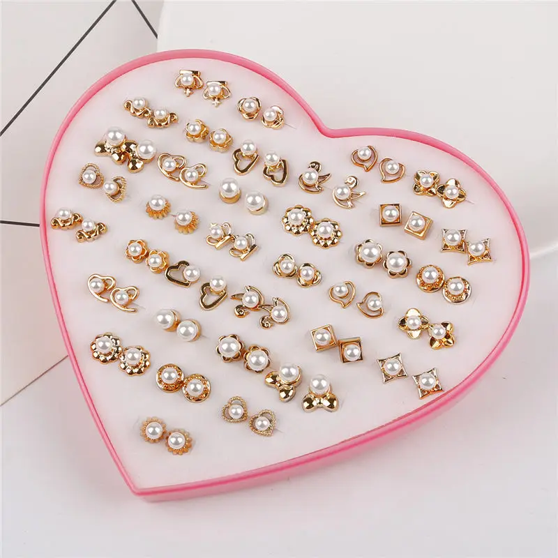 Случайно смешанные 36 пар/компл. и принтом в виде сердечек, цвета: металлик, белый, имитация жемчужные серьги-гвоздики Комплект сережек для женщин Свадебные пирсинг, серьги Bijoux(украшения своими руками