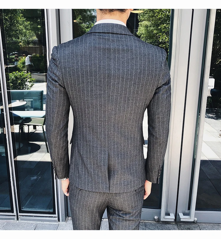 Свадьба полосатый костюм 2019 Весна Осень Slim Fit Свадебный Мужской 3 предмета бизнес вечерний для шафера (куртка + жилет брюки для девочек)