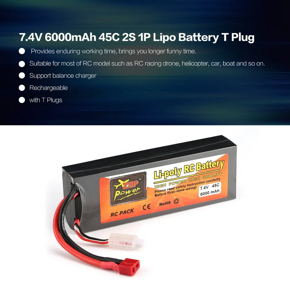 ZOP power 7,4 V 6000 mAh 45C 2 S 1 P Lipo батарея T Plug перезаряжаемая для RC гоночный Дрон Квадрокоптер вертолет модель автомобиля лодки