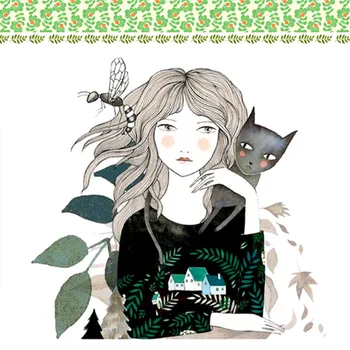 

50x120cm Cotton Linen Fabric Positioning Print Girl Cat Forest Fairy DIY Craft Material 8322d