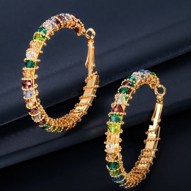 ThreeGraces, большие круглые серьги-кольца из желтого золота, красочные CZ Кристальные Кластерные серьги-петли для женщин, свадебные ювелирные изделия ER111