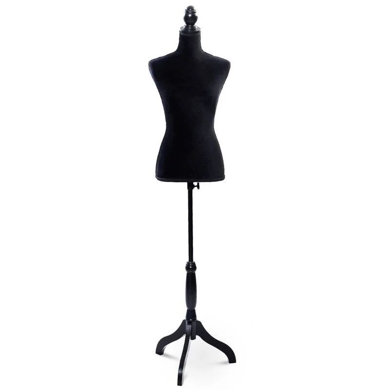

Female Mannequin Torso Form Display with Tripod Stand Flannelette Black Styrofoam Pine Wood Mannequins HW50080BK