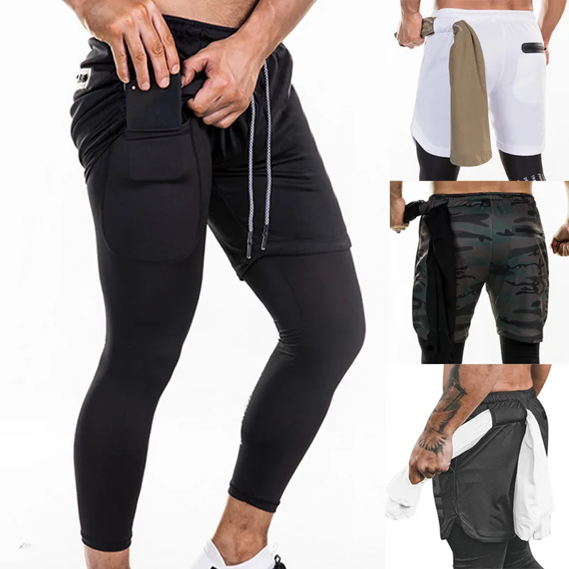

2019 Summer Men 2 in 1 Joggers Leggings Pants Security Pockets Quick Drying Pants Built-in Pockets Hips Hiden Fitness Pants