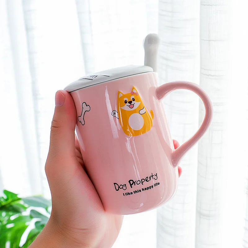 OUSSIRRO Cute Dog Ceramics Coffee Mug With Lid Spoon 380ml Animal Mugs
