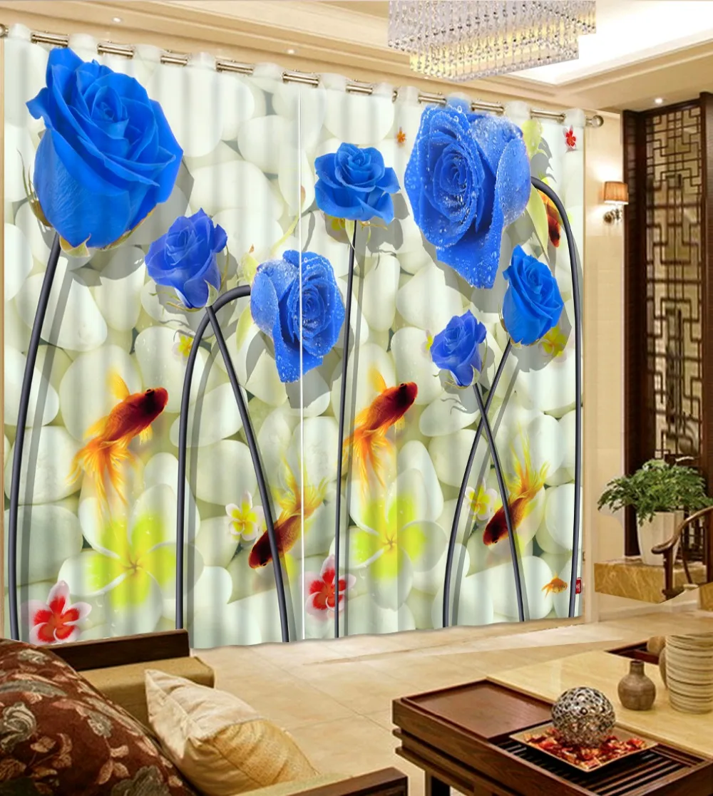 

Home bedroom decoration blue flower rose fish brand custom curtains for living room home decor decoration