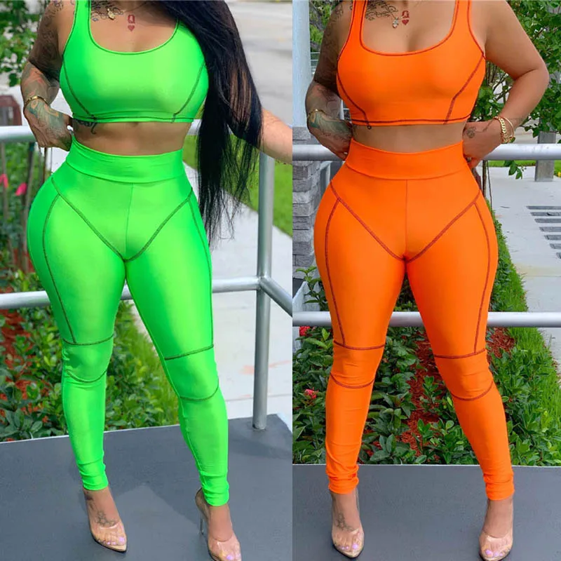 

Summer Neon Green Orange Two Piece Set Women Sleeveless Vest Crop Top Legging Pencil Pants Suit Sportwear Matching Set Outfits