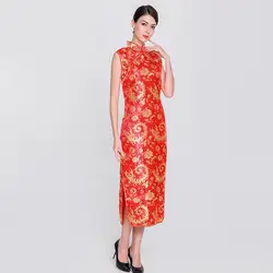 Для женщин Свадебная вечеринка Cheongsam Китайский Красный элегантное платье невесты цветочный Винтаж воротник-стойка Qipao Vestidos плюс Размеры S-3XL