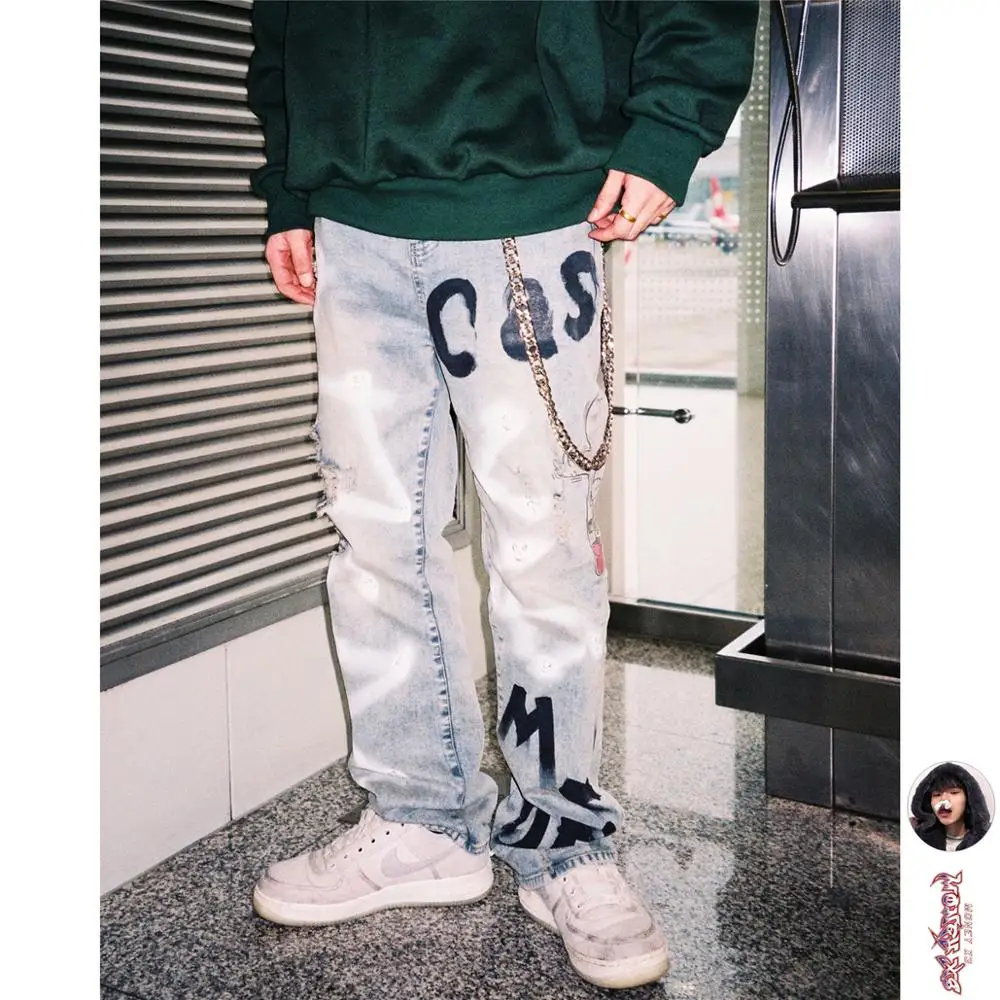 

2019 men in the spring of pure manual printed graffiti hand-painted casper ripped jeans