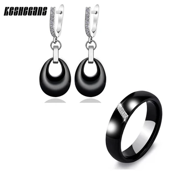 

Classic Black White Pink Jewelry Set Water Drop Earrings And Crystal Simple Style Ring Ceramic Accessories Bijoux For Women Girl