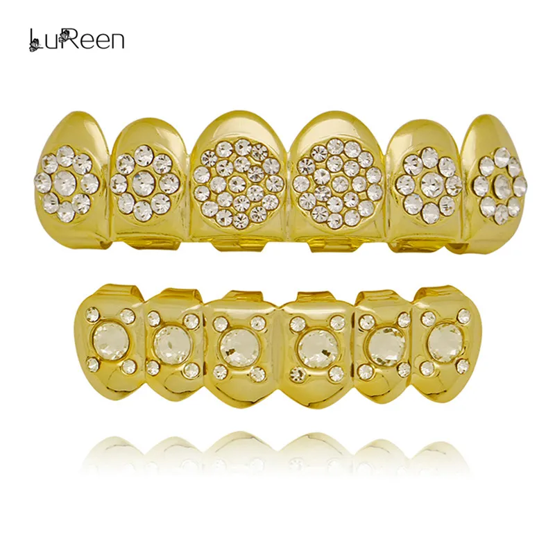 

LuReen Iced Out Gold Teeth Grills Hiphop Top & Bottom Tooth Grills Dental Halloween Cosplay Teeth Caps Jewelry Party