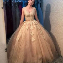 Пышные платья шампанского кружевное бальное платье с v-образным вырезом Vestidos De 15 Anos Vestidos De Quinceaneras