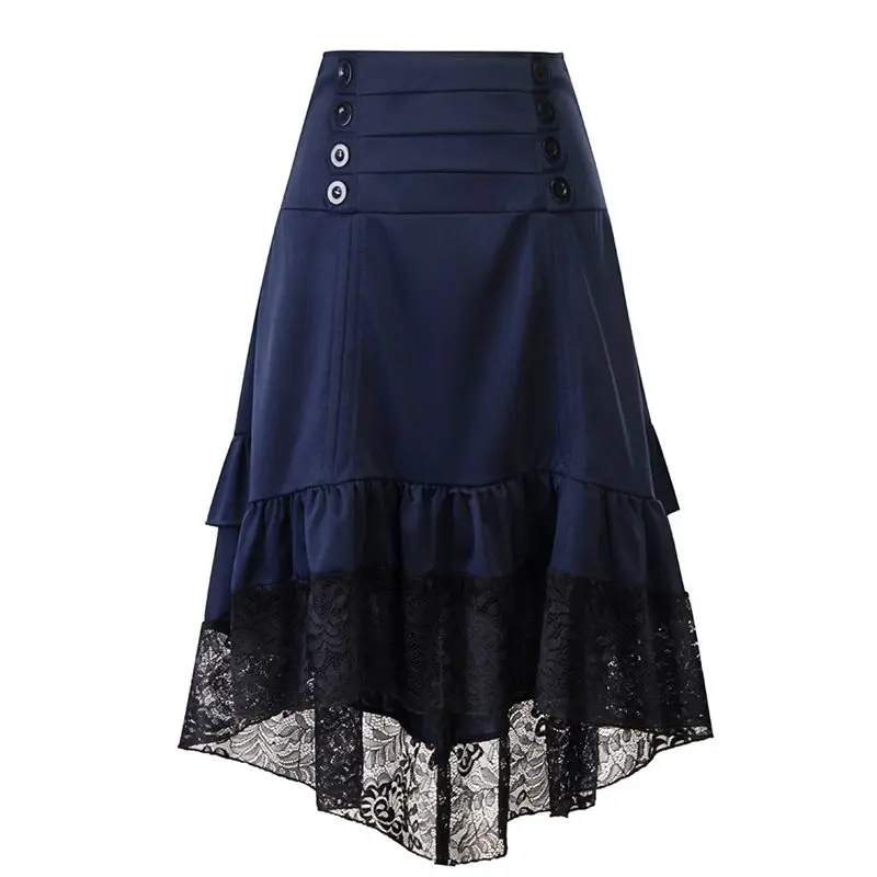 Пикантная юбка с кружевом женская элегантная Асимметричная плиссированная модная винтажная синяя весенне-осенняя женская черная повседневная юбка миди - Цвет: Синий