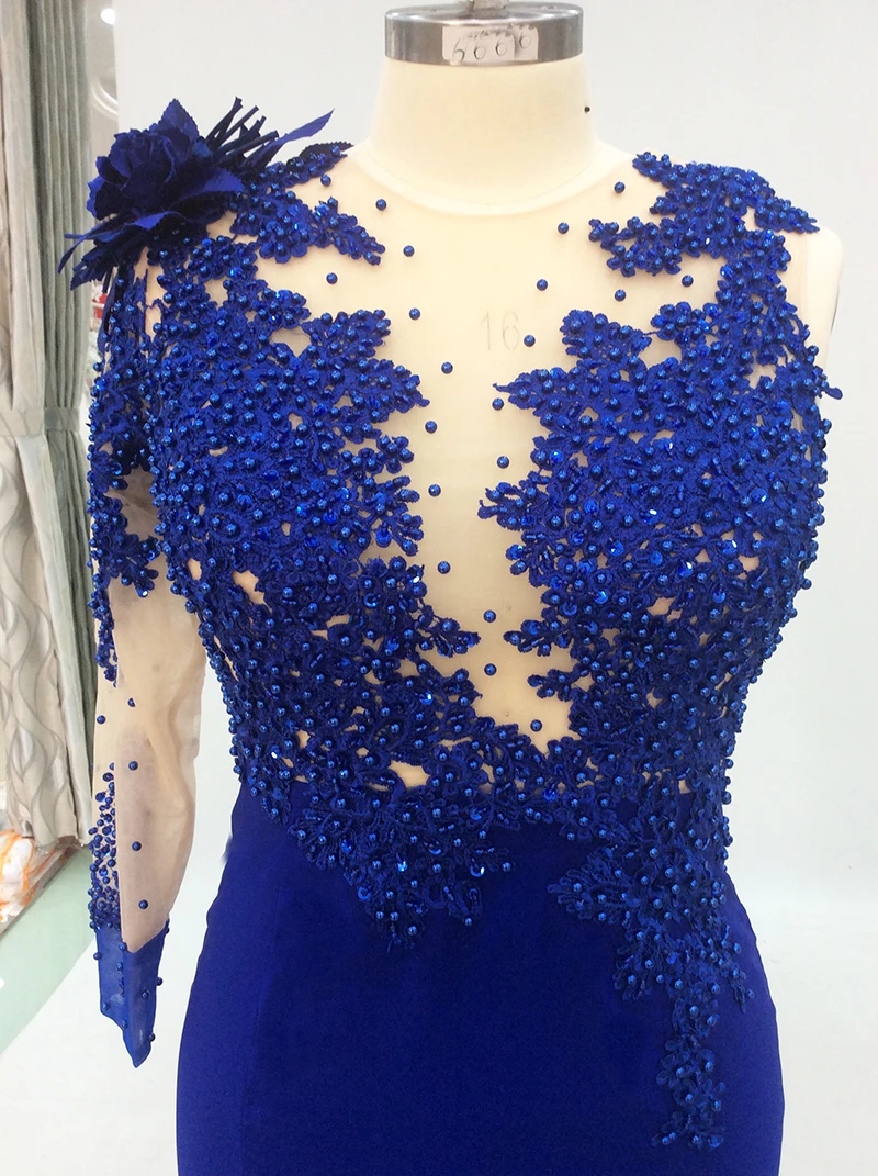 Evening Dress Long 2019 Mermaid One Shoulder Bead Flower Full Sleeves Backless Royal Blue Formal Party Prom Gown Robe De Soiree